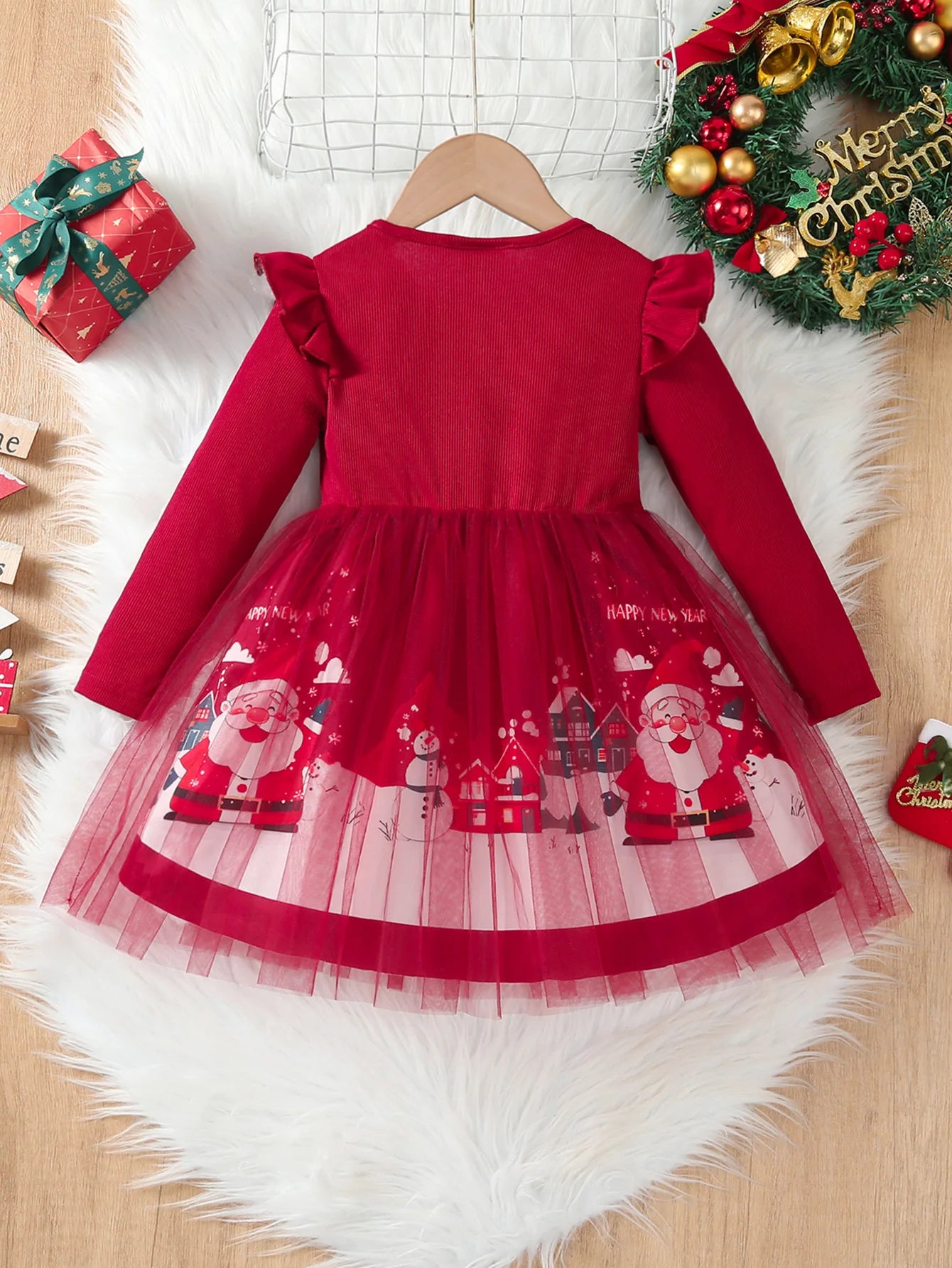 Robe de noël pour filles, tenue de princesse en Tulle à manches longues, imprimé père noël, robe de soirée pour enfants de 4 à 8 ans, automne hiver 2025