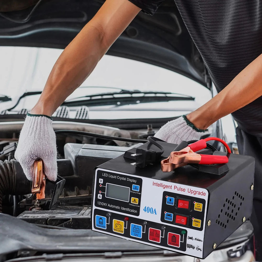High-power car battery charger, fast charger, intelligent pulse repair, automatic shut-off, 400A, 12V, 24V, 220W