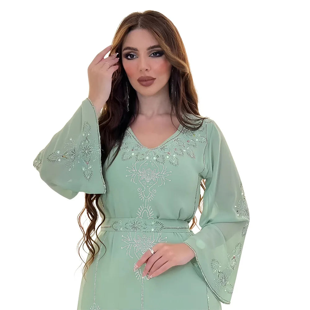 Eid Jalabiya - Women's Muslim Evening Dress, Diamond Lace-Up Arabic Abayas, Long Dresses, Elegant Dress, Educational Dress for Ramadan