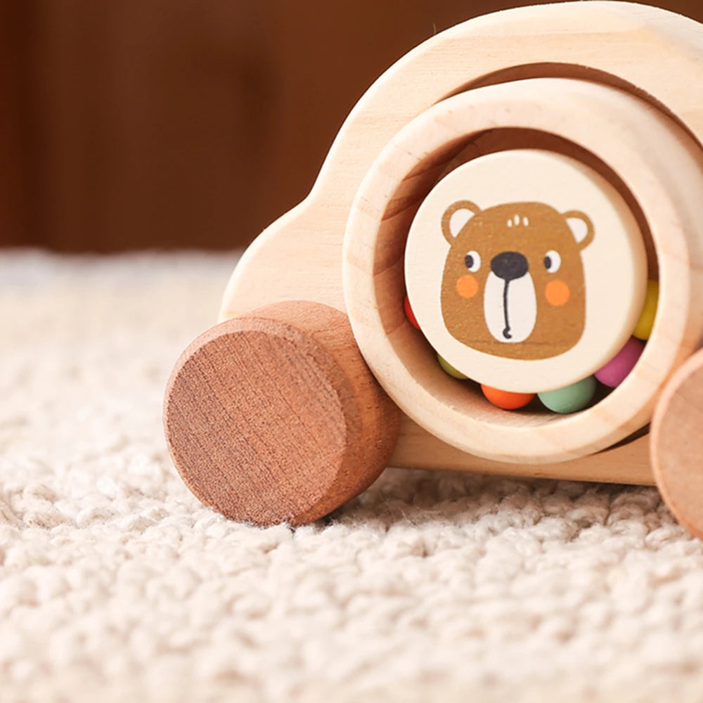 Jouets Montessori en bois pour bébé, 1 pièce, anneau de dentition de Bus de dessin animé, ours en bois de hêtre, voiture pour enfants, jouets éducatifs Montessori, cadeau