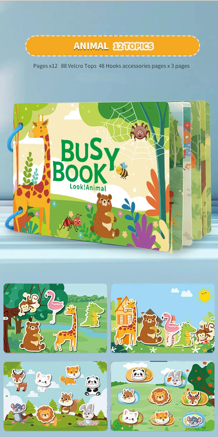 Livre occupé pour les tout-petits âgés de 2 à 6 ans, livre silencieux, activité d'apprentissage préscolaire, autocollant réutilisable et Velcro assorti Montessori Fine Mot