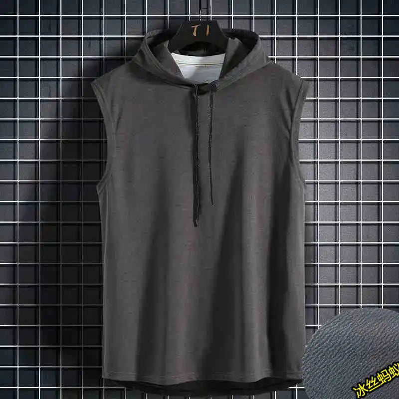 Hommes cravate col à capuche sans manches gilets mâle été ample solide Hip Hop t-shirt hauts