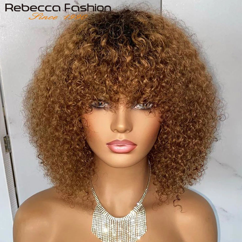 Perruques de cheveux humains Pixie Cut Bob avec frange pour femme, perruque pleine machine bouclée, surbrillance, couleur blond miel, court, caution