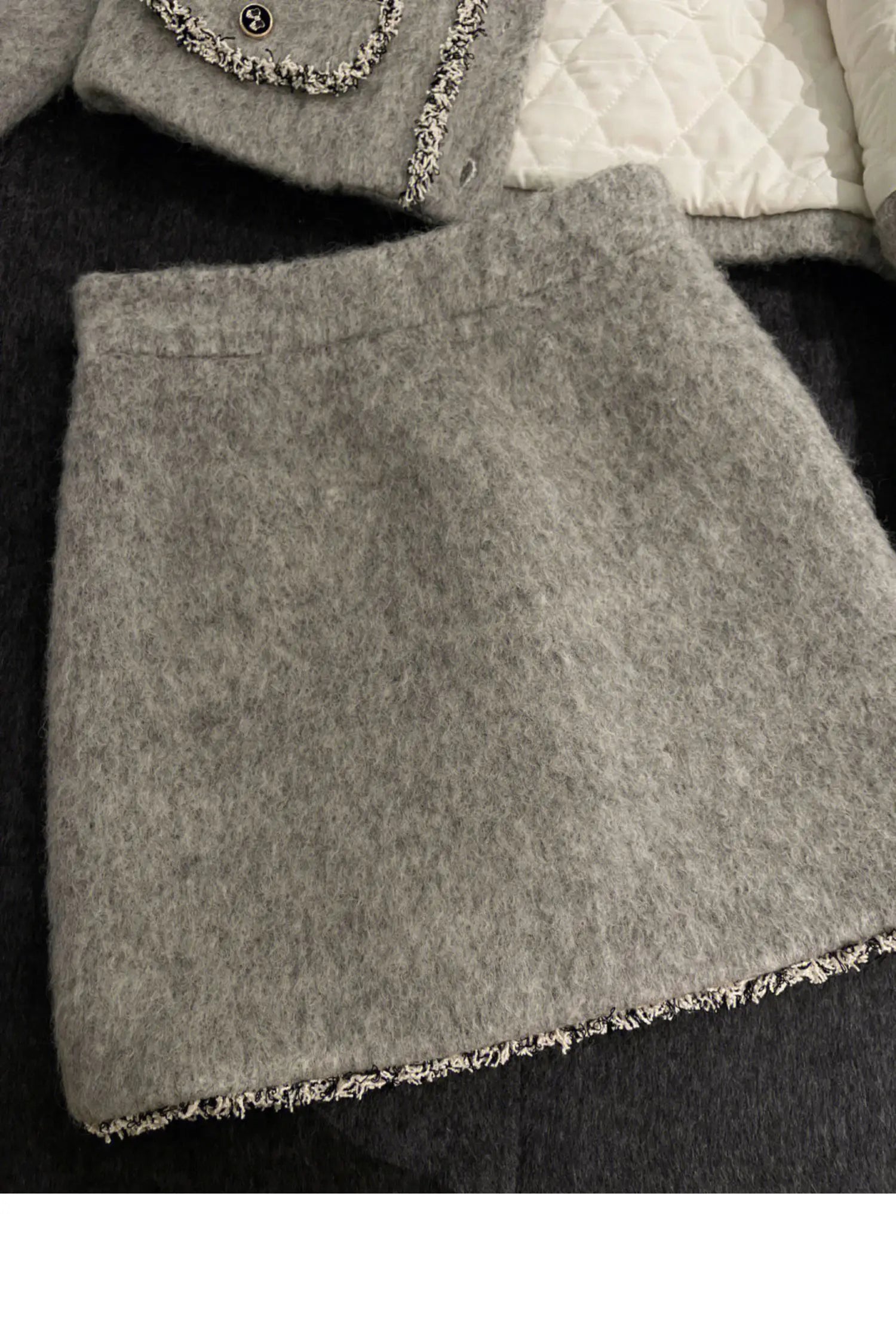 Manteaux matelassés épais mélanges veste en laine grise haut court hiver Vintage mince une ligne jupes femmes deux pièces ensembles costume à nœud Y2k