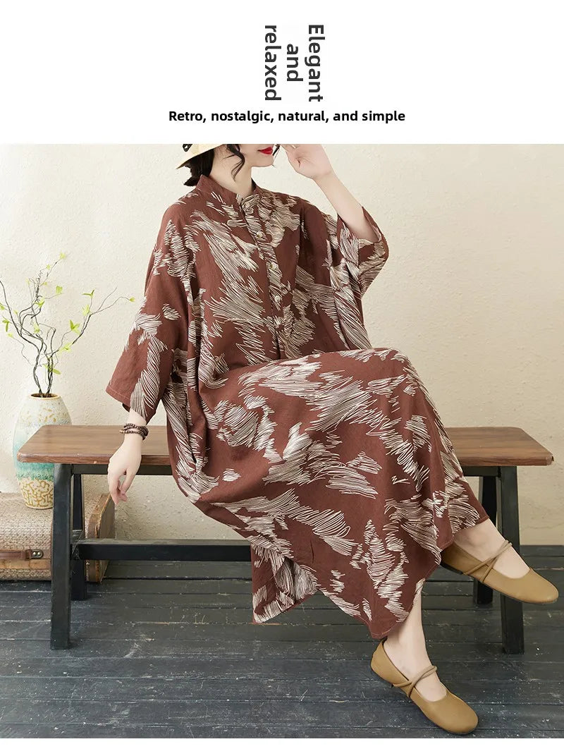 Summer commute. Cotton linen print loose long dress with high neck A-line skirt. Seven long dresses available in plus sizes.