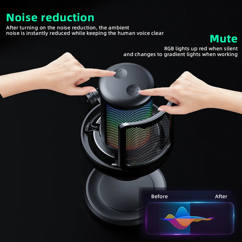 Microphone USB pour PC, Microphone de jeu RGB avec sortie casque et bouton tactile muet, suppression du bruit pour l'enregistrement de Streami