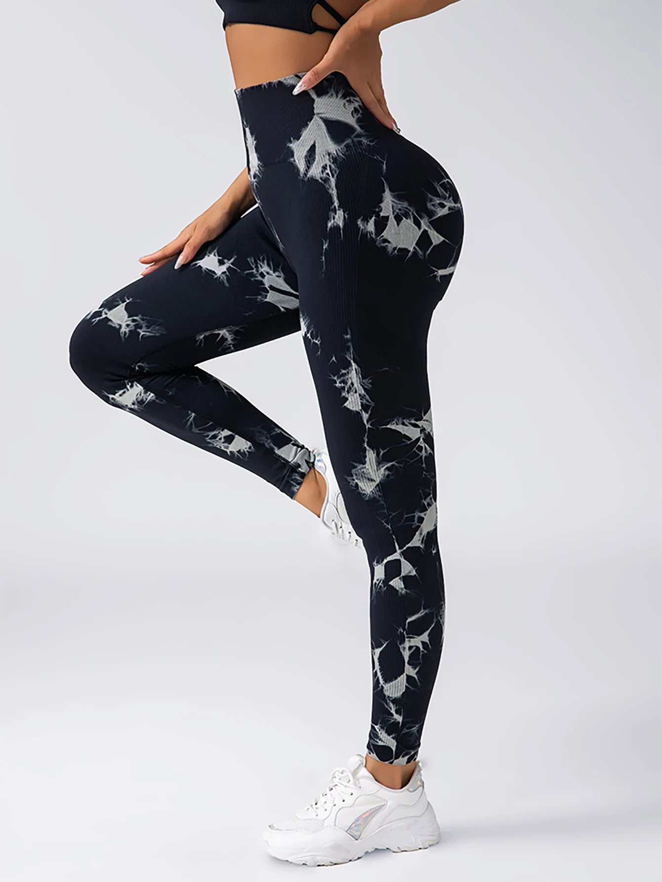 Leggings sans couture Tie Dye pour femmes, pantalons de Yoga taille haute, froissés, collants élastiques de levage des fesses, Leggings de sport à large ceinture