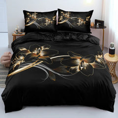 Royal Blue Gold Flower Classic Duvet Cover Sets, Queen, Full, Double Duvet Covers Pillowcases Bedding Set 260x220cm