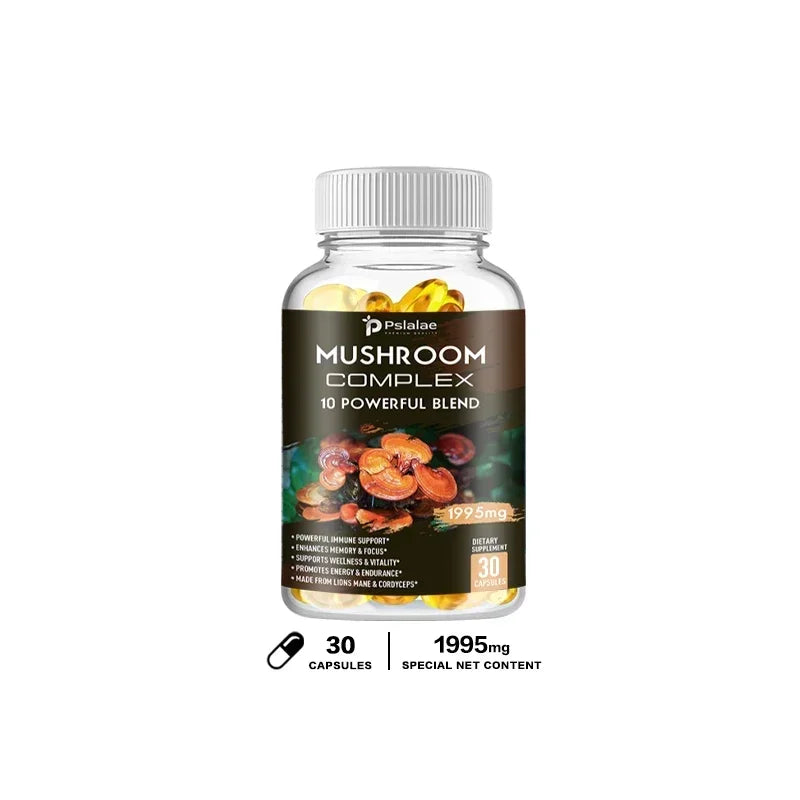 Capsules complexes de champignons - Cordyceps Reishi, immunité, stress, énergie, clarté mentale et soutien de la concentration - Supplément cérébral