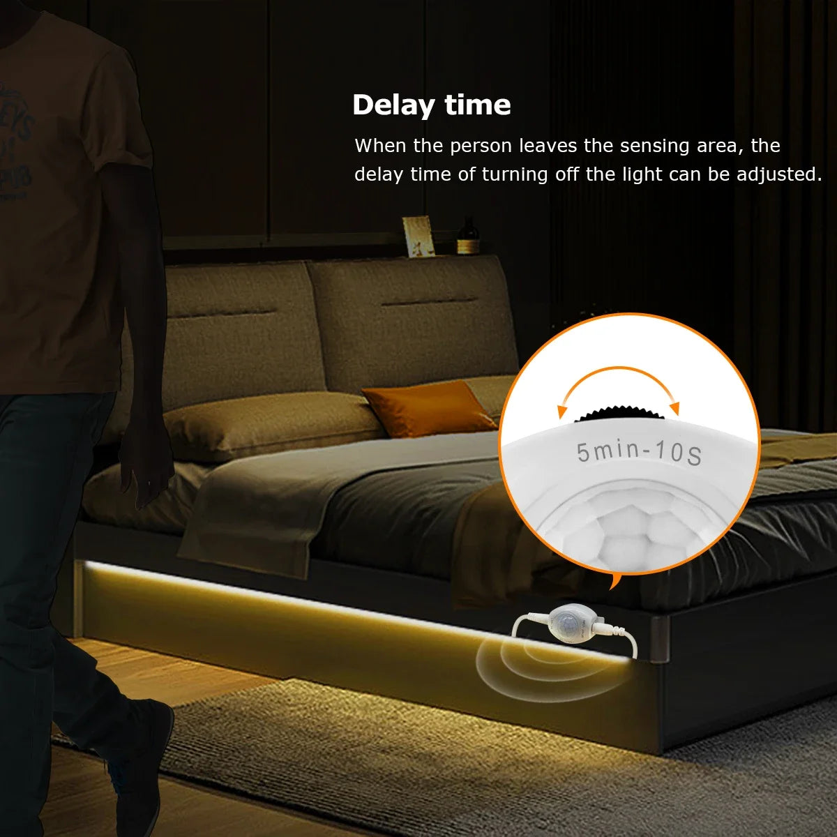 Bande lumineuse LED USB 5V, étanche, SMD2835, avec capteur de mouvement PIR sensible, temps de retard réglable pour cuisine, chambre à coucher, couloir