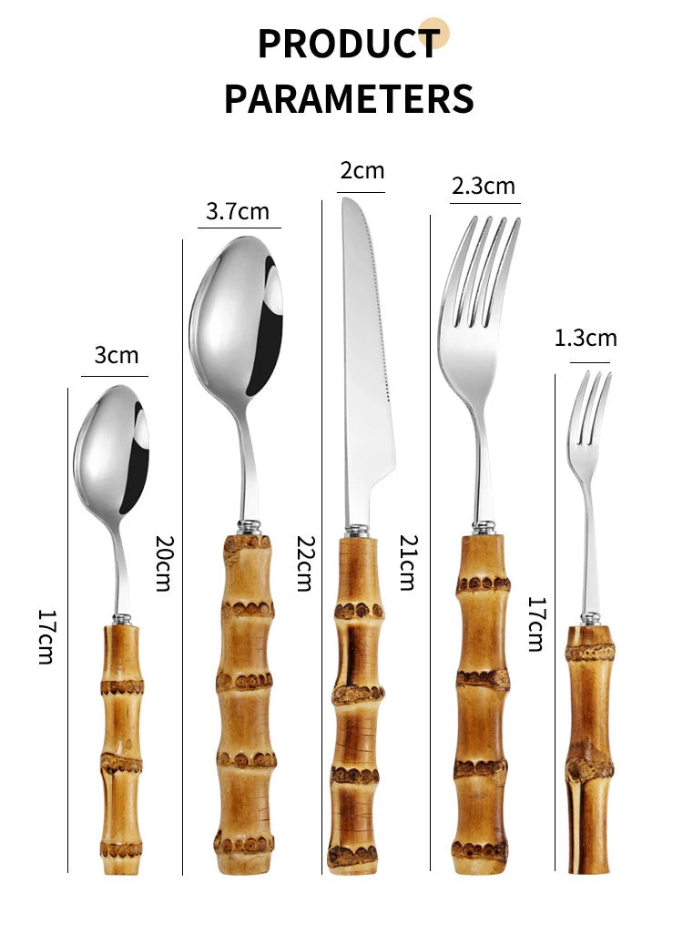 Ensemble de Vaisselle en Bambou et Acier Inoxydable avec Poignée Naturelle, Couverts Rétro, Steak, Opaque, Fourchette, Cuillère, Cadeau de Dessert, 20/30 Pièces