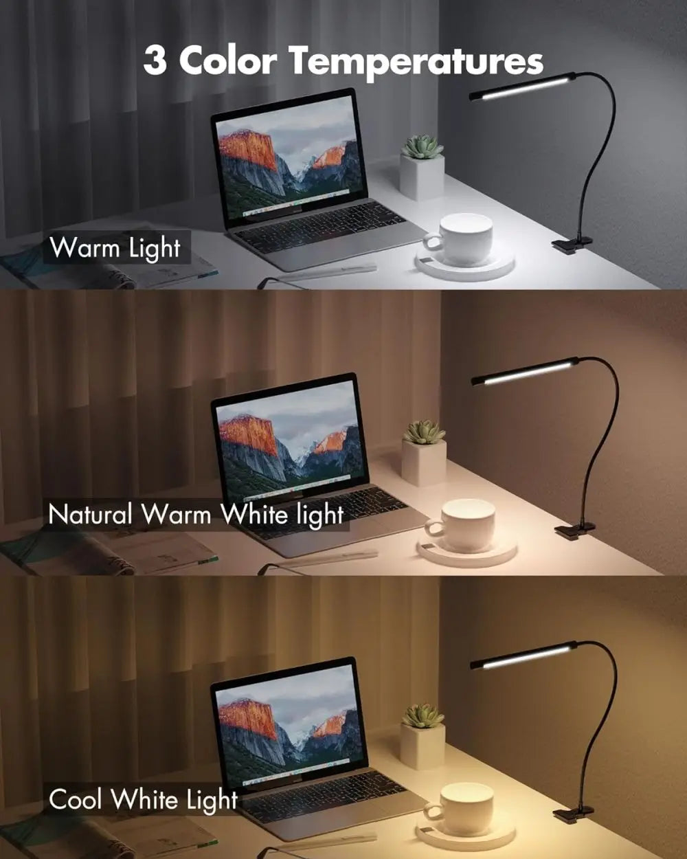 LED desk lamp with clip, dimmable reading lamp, 3 color temperatures, 10 brightness levels, USB clip-on table lamp