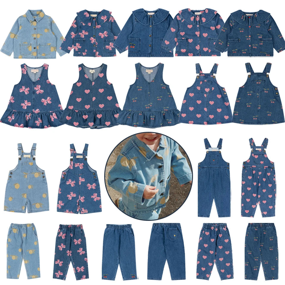 Robe imprimée mignonne pour filles, ensemble de vêtements pour tout-petits, veste à bretelles en jean, robes à enfiler en denim pour enfants, pantalons en jean combiné, marque KS, 2024
