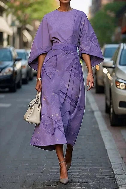 Elegant floral ocean dress for women, ankle-length, made of polyester fiber, independent station, cross-border, 2025