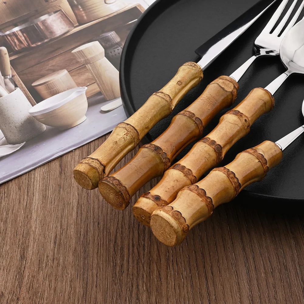 Couverts en acier inoxydable avec manche en bambou naturel, 24 pièces, service de table, couteau à steak