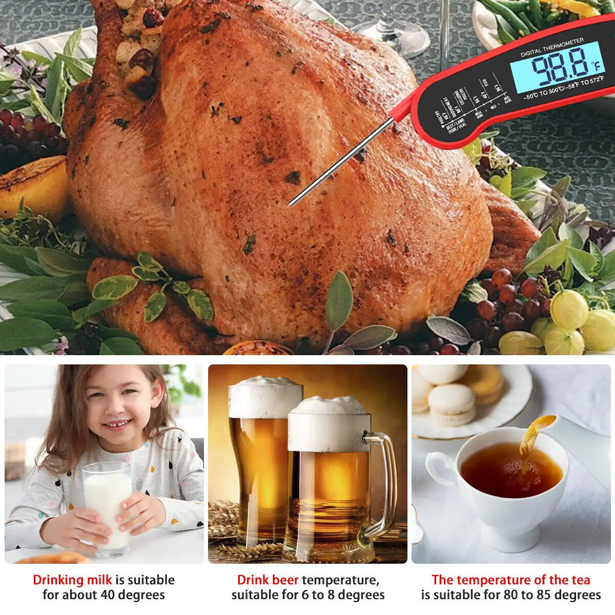 Therye.com numérique étanche pour aliments de cuisine, lecture instantanée, viande, eau, lait, cuisson, griller, barbecue en plein air