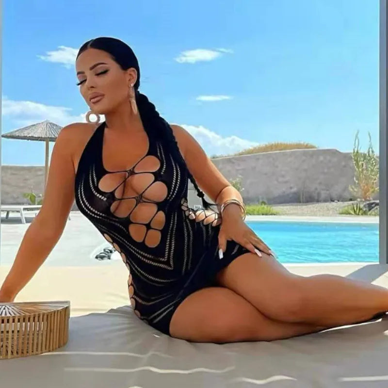 Sexy femmes résille licou robe dos nu coupe basse serré crayon robe mignonne grande taille Mini robe boîte de nuit robe de danse Beatchwear