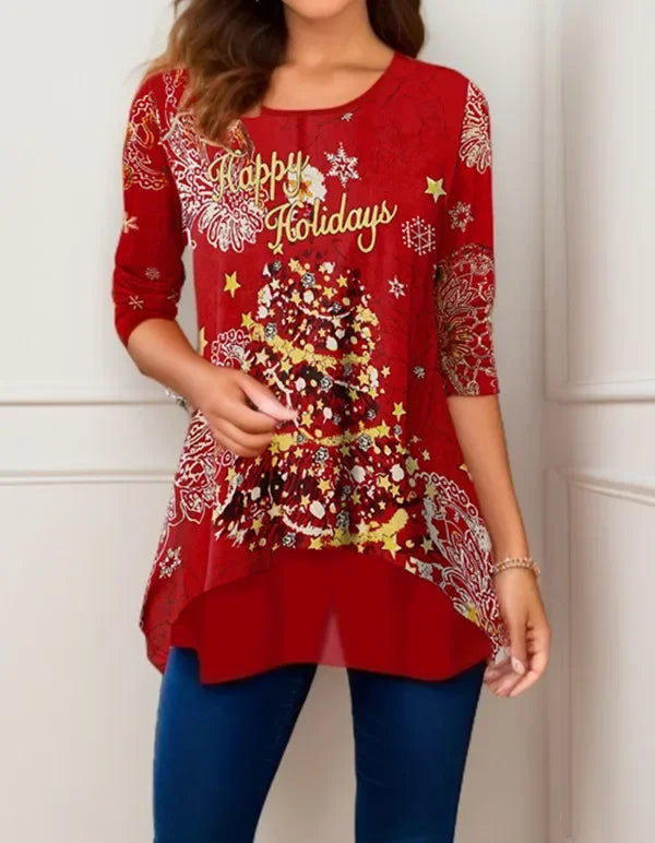 Arbre de noël femmes t-shirt mode col rond à manches longues hauts chemises impression 3D décontracté Harajuku femme grande taille vêtements
