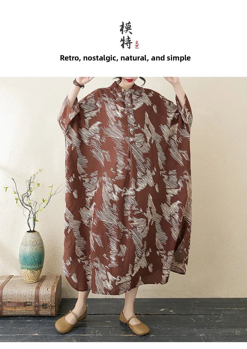 Summer commute. Cotton linen print loose long dress with high neck A-line skirt. Seven long dresses available in plus sizes.