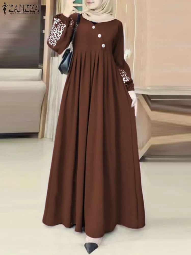 Muslim Hijab Dresses Abaya Eid Mubarek Long Dress 2025 ZANZEA Elegant Women's Long Sleeve Maxi Summer Dress Loose Kaftan Dresses