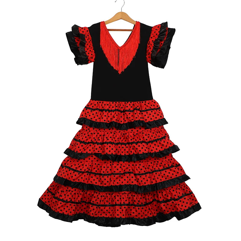 Robe de danse traditionnelle espagnole pour filles, robe de Festival à pois avec pompon, quatre couleurs, jupe classique de Style Flamengo gitane pour enfants