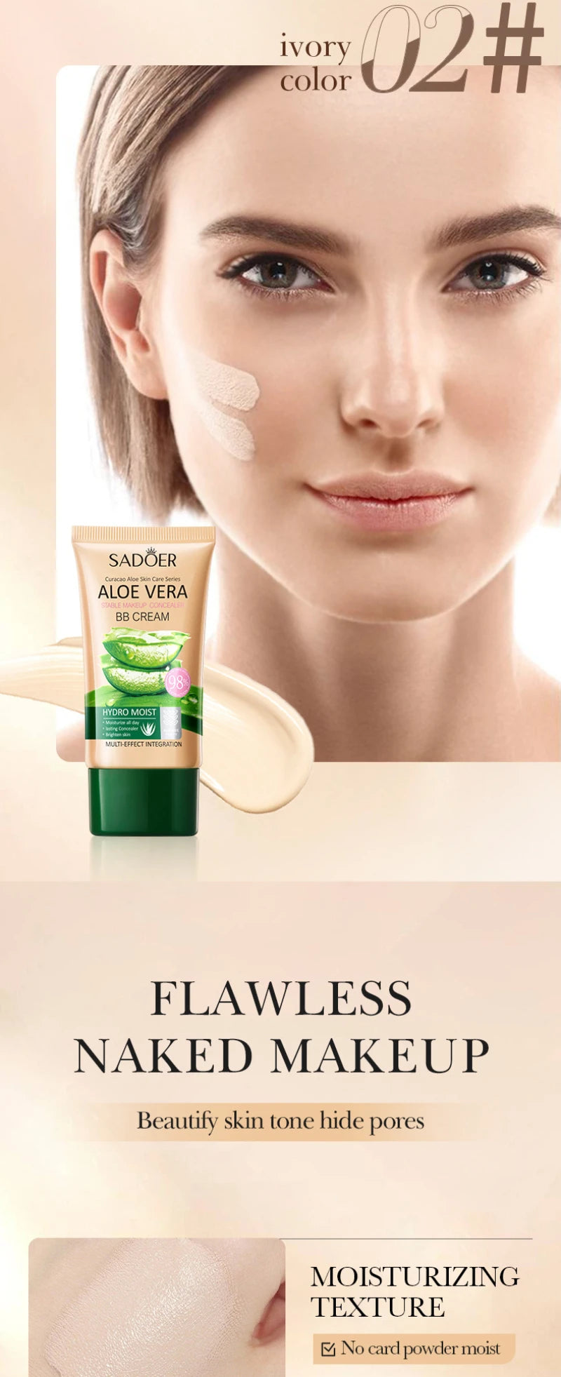 Aloe Vera BB crème-hydratant et dissimulant au collagène fond de teint à couverture complète, correcteur longue durée et léger