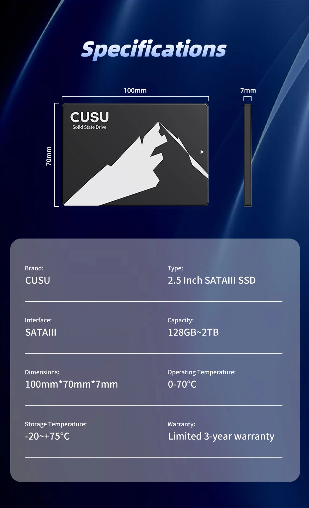CUSU SSD Hard Drive, SATA 3, 128GB, 256GB, 512GB, 1TB, 2TB capacity, for laptop and desktop