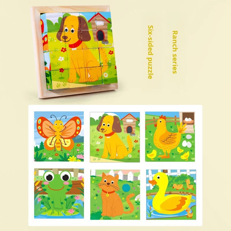 Puzzle en bois peint à Six côtés, blocs de construction tridimensionnels pour animaux de la circulation, jouet éducatif pour l'éducation précoce