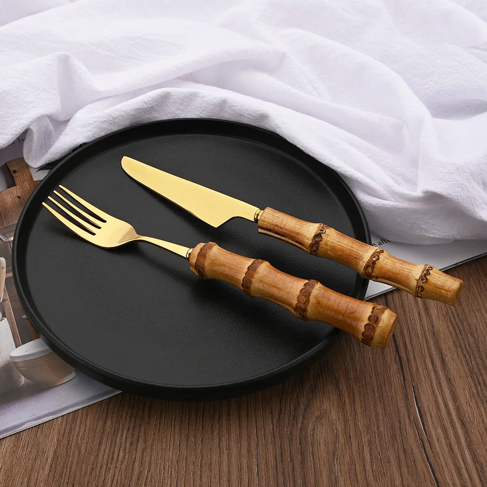 Couverts en acier inoxydable avec manche en bambou naturel, 24 pièces, service de table, couteau à steak