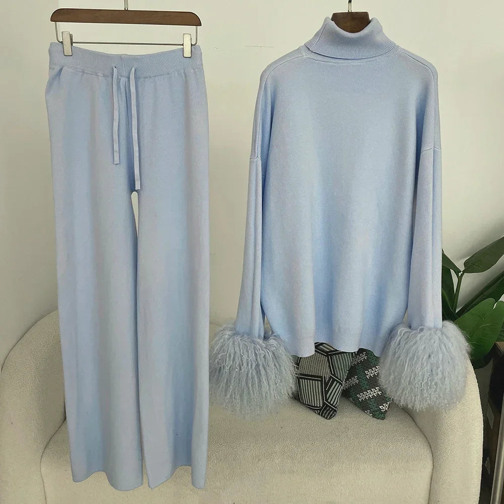 Ensemble pull et pantalon tricotés en laine et mélange pour femme, avec poignets en vraie fourrure de mouton mongole, costume tricoté de haute qualité 2025