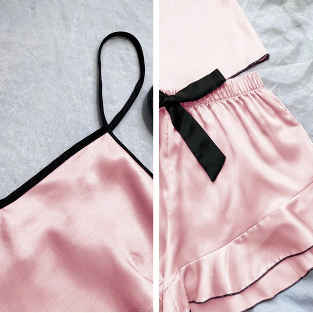 Pyjama en Satin lisse pour femmes, T-Shirt à col en v, bords à volants et short à nœud, ensemble pyjama Simple et respirant, vêtements de maison à bretelles