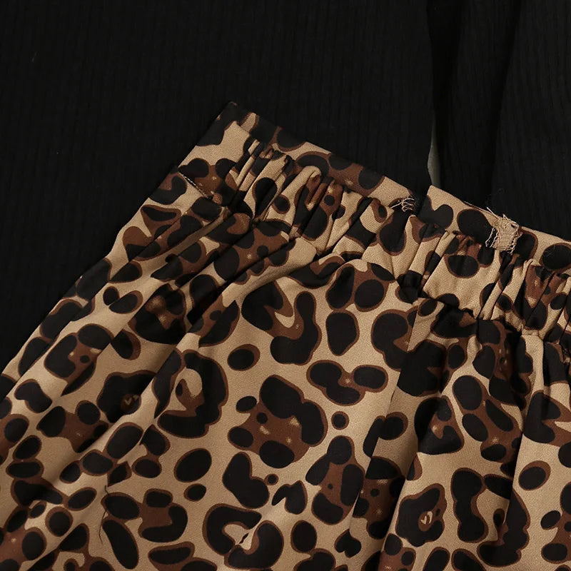 Girls' costume with round neck and long sleeves, leopard print skirt with zipper, fashionable for holidays and leisure, spring and autumn
