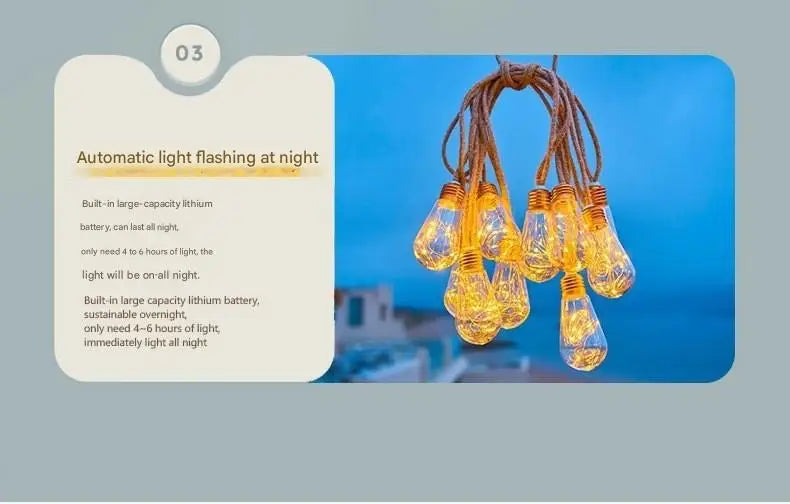 Solar-powered outdoor string lights, 7m, 16 bulbs, waterproof garden lights for patio, fence, path, yard, porch, railing, bar, Christmas decoration