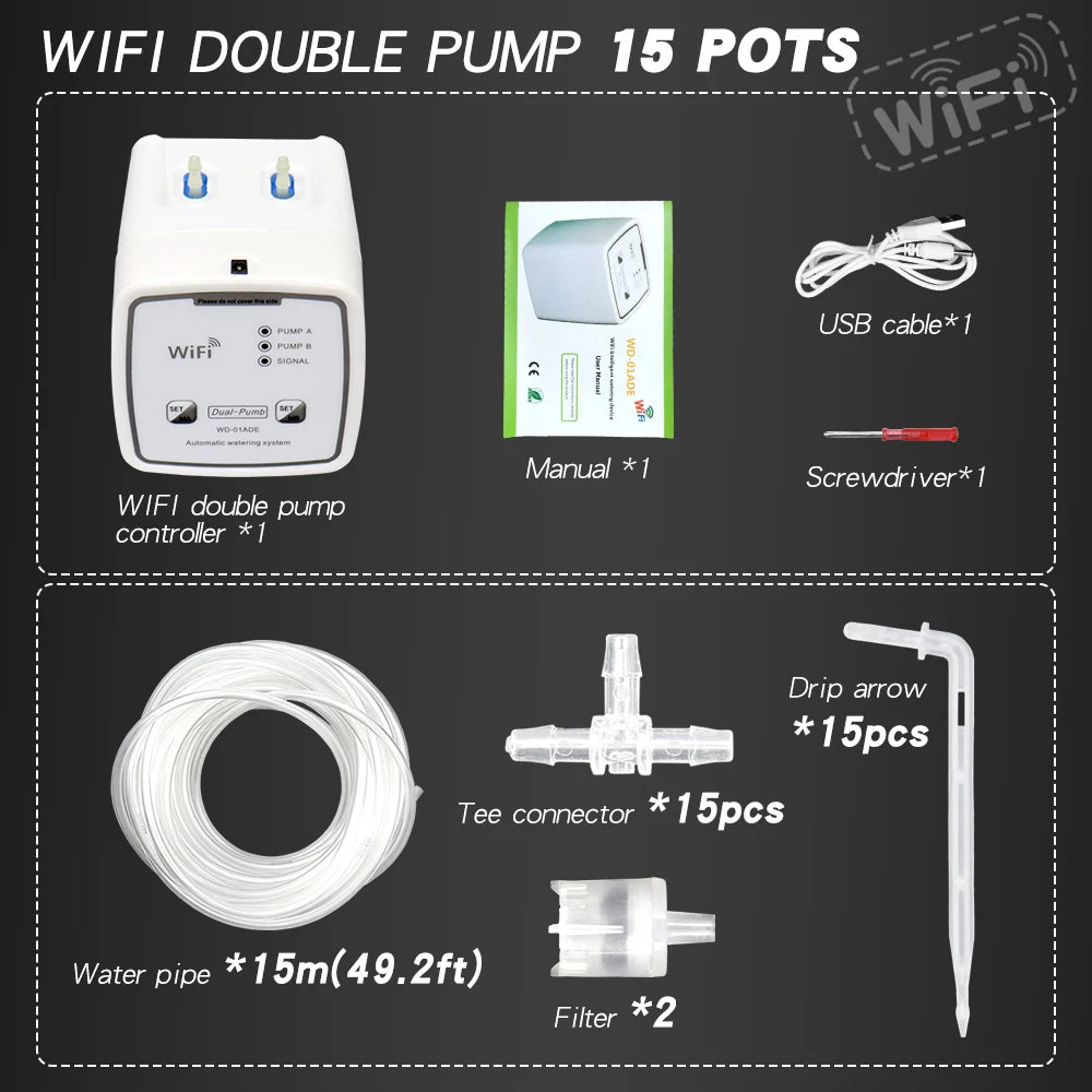 Dispositif d'arrosage Intelligent WIFI, Double pompe, système d'irrigation goutte-à-goutte automatique, contrôleur d'application à distance pour terrasse de jardin