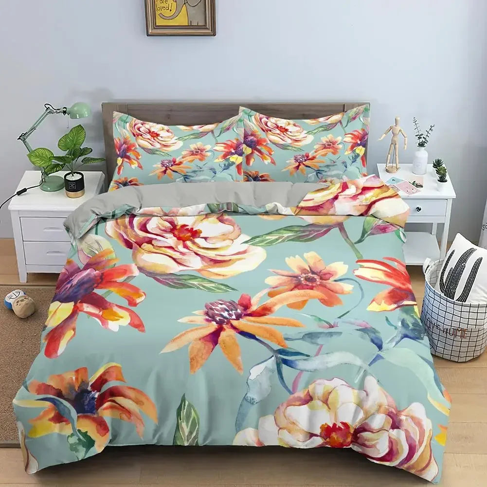 Royal Blue Gold Flower Classic Duvet Cover Sets, Queen, Full, Double Duvet Covers Pillowcases Bedding Set 260x220cm