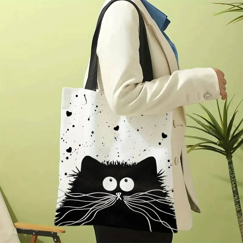 Fourre-tout réutilisable en lin imprimé chats mignons, sac de rangement d'épicerie, sac à bandoulière Portable de grande capacité, fourre-tout lavable en Machine