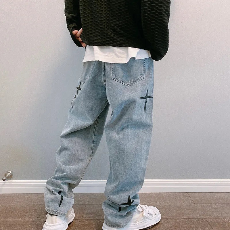 Boyfriend Vintage mode droite décontracté ample Denim Cargo pantalon hommes concepteur imprime étoile jean Streetwear ample jambe large jean