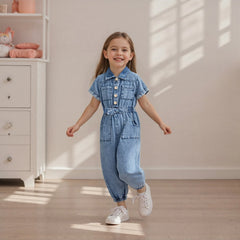 Barboteuse en jean pour petites filles, manches courtes, revers boutonné, combinaison pleine longueur avec poches
