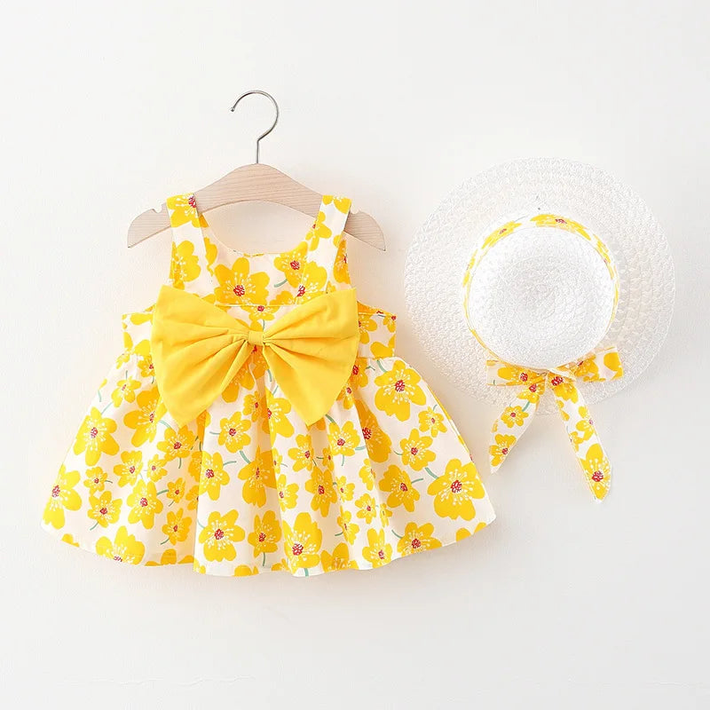 Robe d'été à bretelles florales pour bébé fille, vêtements sans manches avec nœud pour enfants avec chapeaux en cadeau (9 mois-3 ans), nouvelle collection