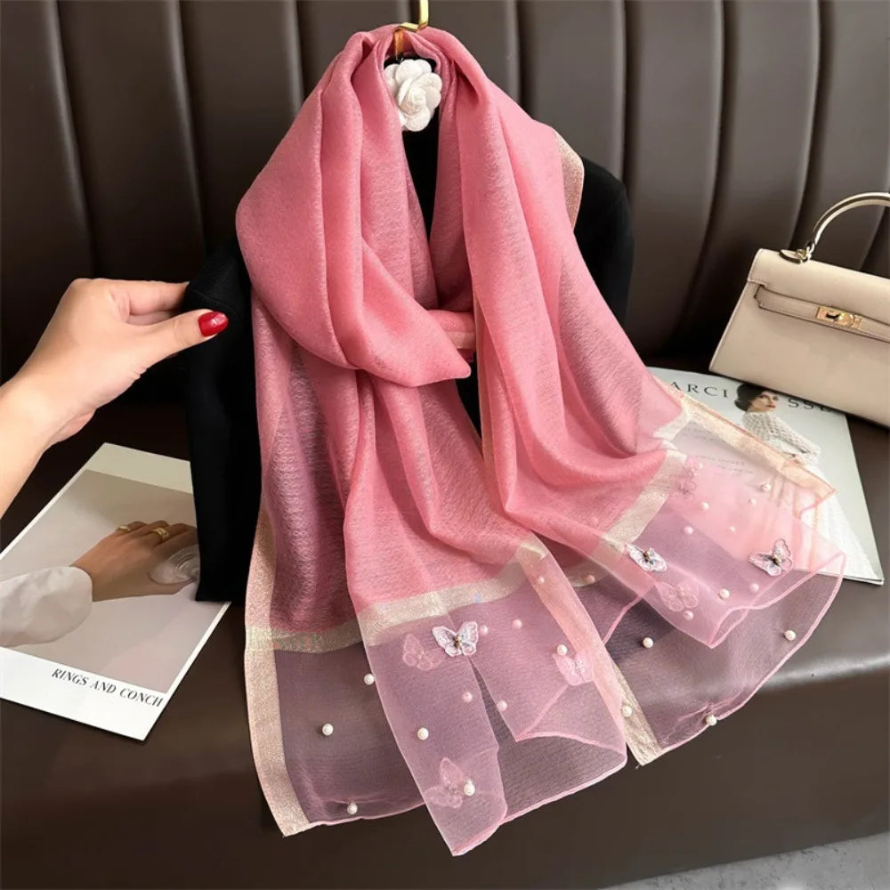 Grand Foulard Fin et Élégant avec Broderie Papillon, Châle Hijab de Luxe pour Femme