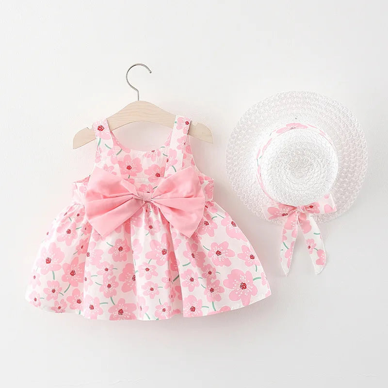 Robe d'été à bretelles florales pour bébé fille, vêtements sans manches avec nœud pour enfants avec chapeaux en cadeau (9 mois-3 ans), nouvelle collection