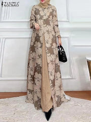 ZANZEA-Robe maxi patchwork à manches longues pour femmes, Abaya musulmane, Robe d'été élégante, Robe imprimée florale, Robe de ramadan, Kaftan éducatif, Mode