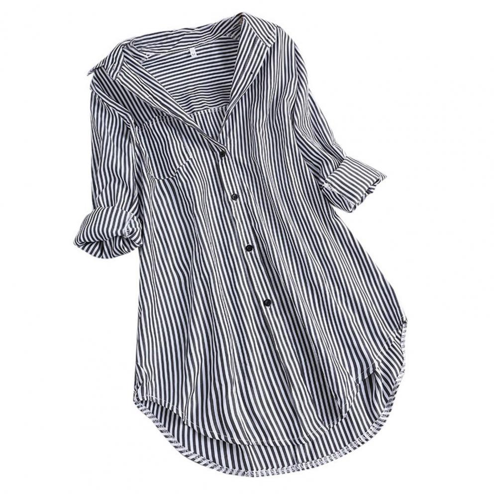 Chemisier Tunique Femme Rayé à Manches Longues Col V Mi-long Col Rabattu Coupe Ample Décontracté Élégant Été Tailles M-4XL