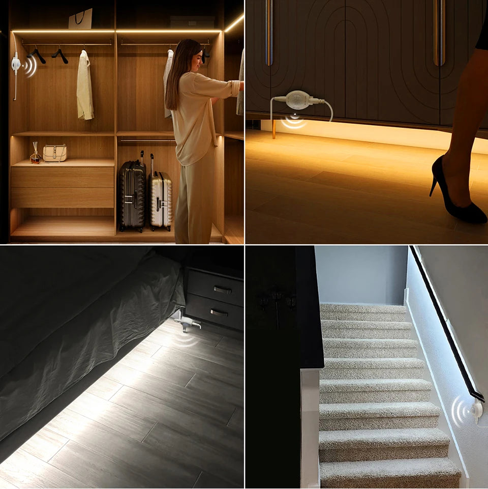 Bande lumineuse LED USB 5V, étanche, SMD2835, avec capteur de mouvement PIR sensible, temps de retard réglable pour cuisine, chambre à coucher, couloir