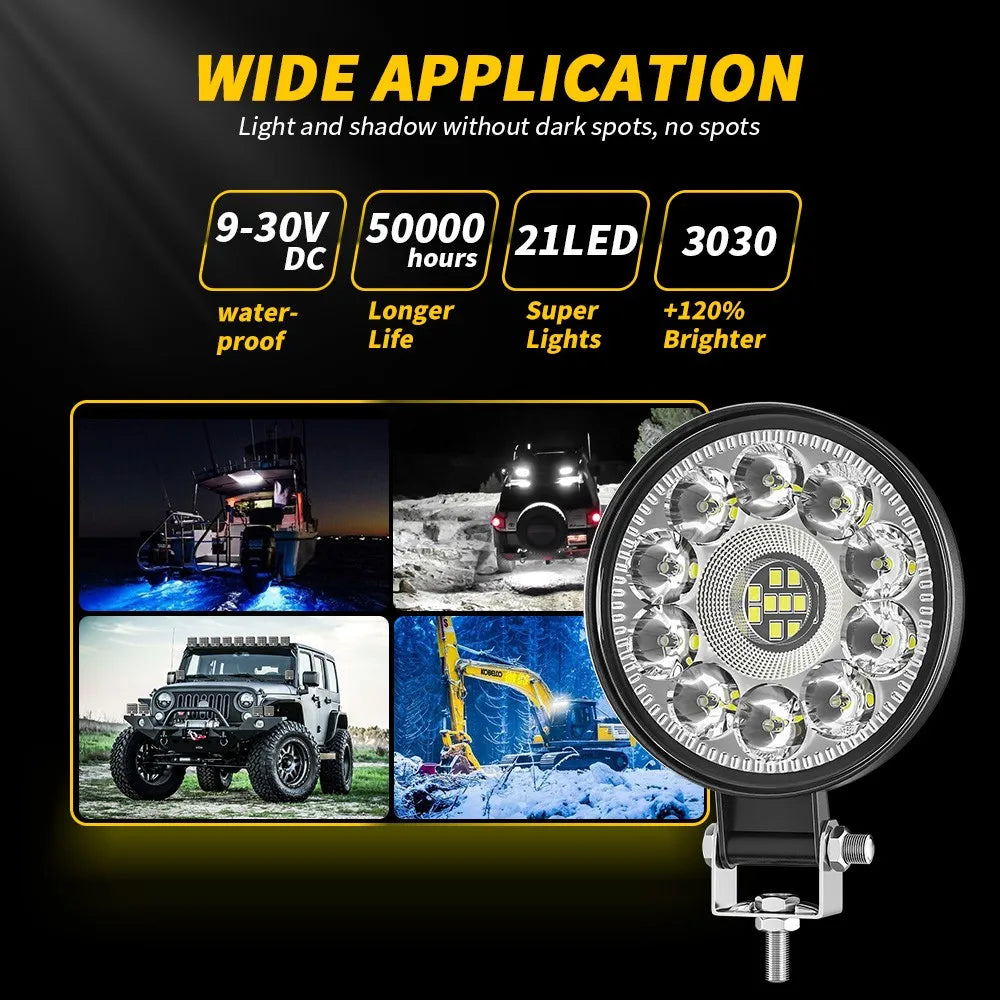 Lampe de travail LED ronde pour voiture, modèle privé, budgétaire 21LED, lumière auxiliaire, lumière de modification de véhicule tout-terrain, 3 po