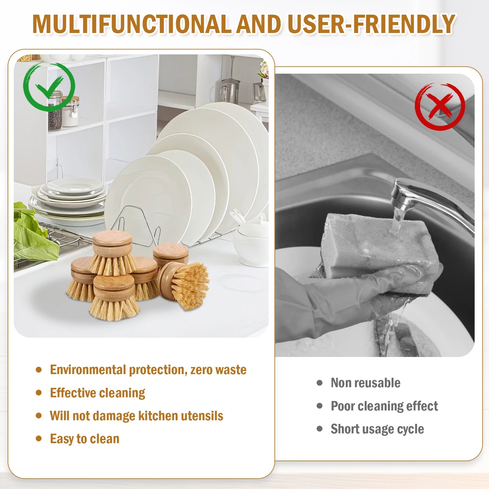 Brosse à vaisselle de cuisine en bambou naturel, outil de nettoyage de cuisine, tête de brosse respectueuse de l'environnement pour laver les casseroles et les cuisinières