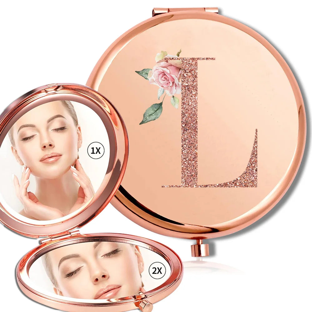 Miroir rond de maquillage grossissant Double face en métal, cosmétique, aspect Portable, verre, Compact, motif de lettres en or Rose