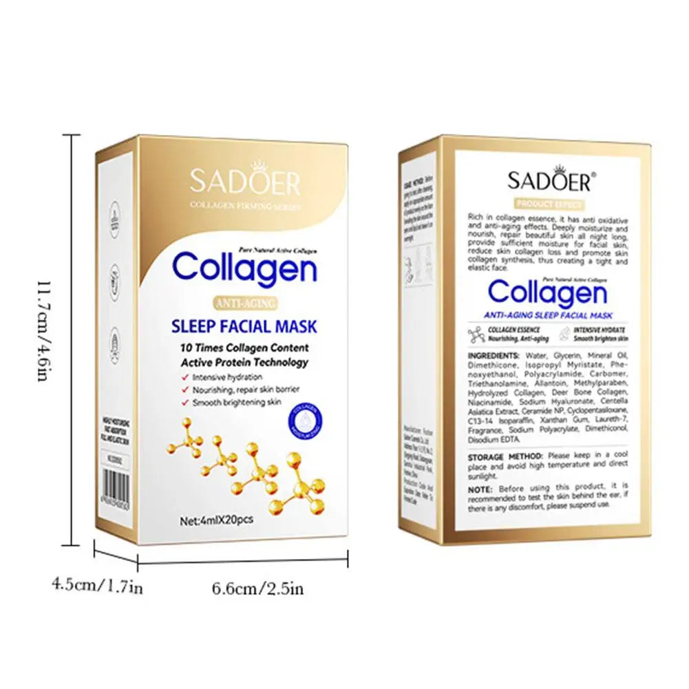 Masques qualifiée aux de sommeil au collagène pour femmes, hydratant en profondeur, éclaircissant, raffermissant, soin de la peau, 20 pièces