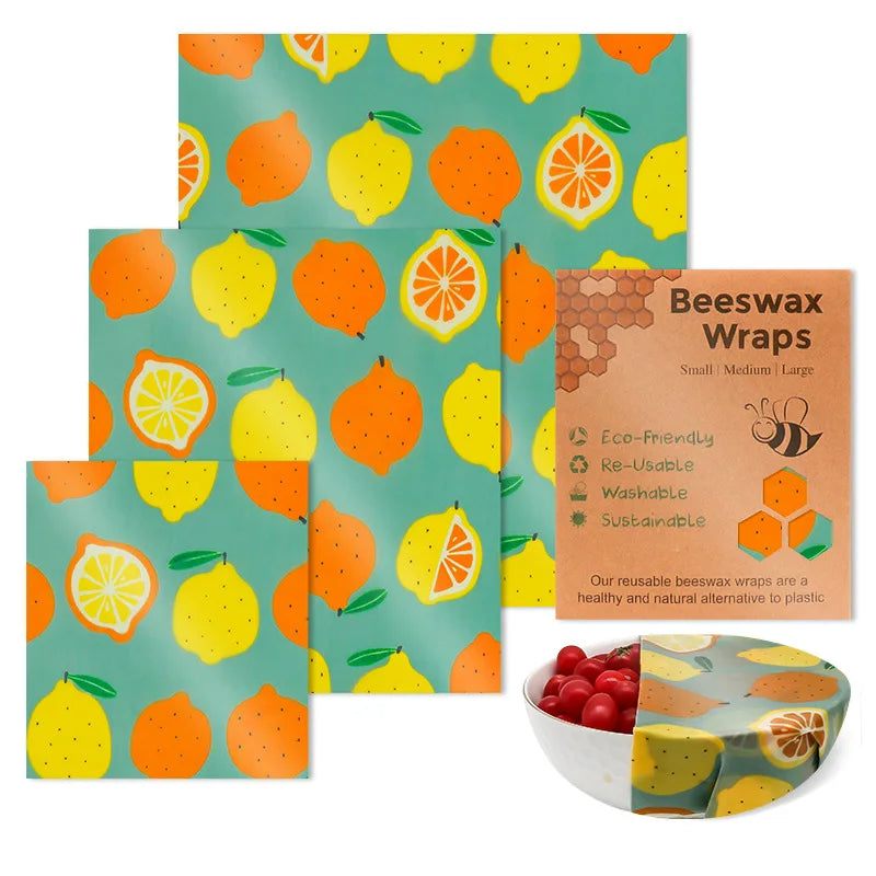 Beeswax Food Wrap 3-Piece Set, Reusable Eco-Friendly Organic Cotton Wax Fabric, Household Plastic Wrap Replacement, Washable Lemon Pattern
