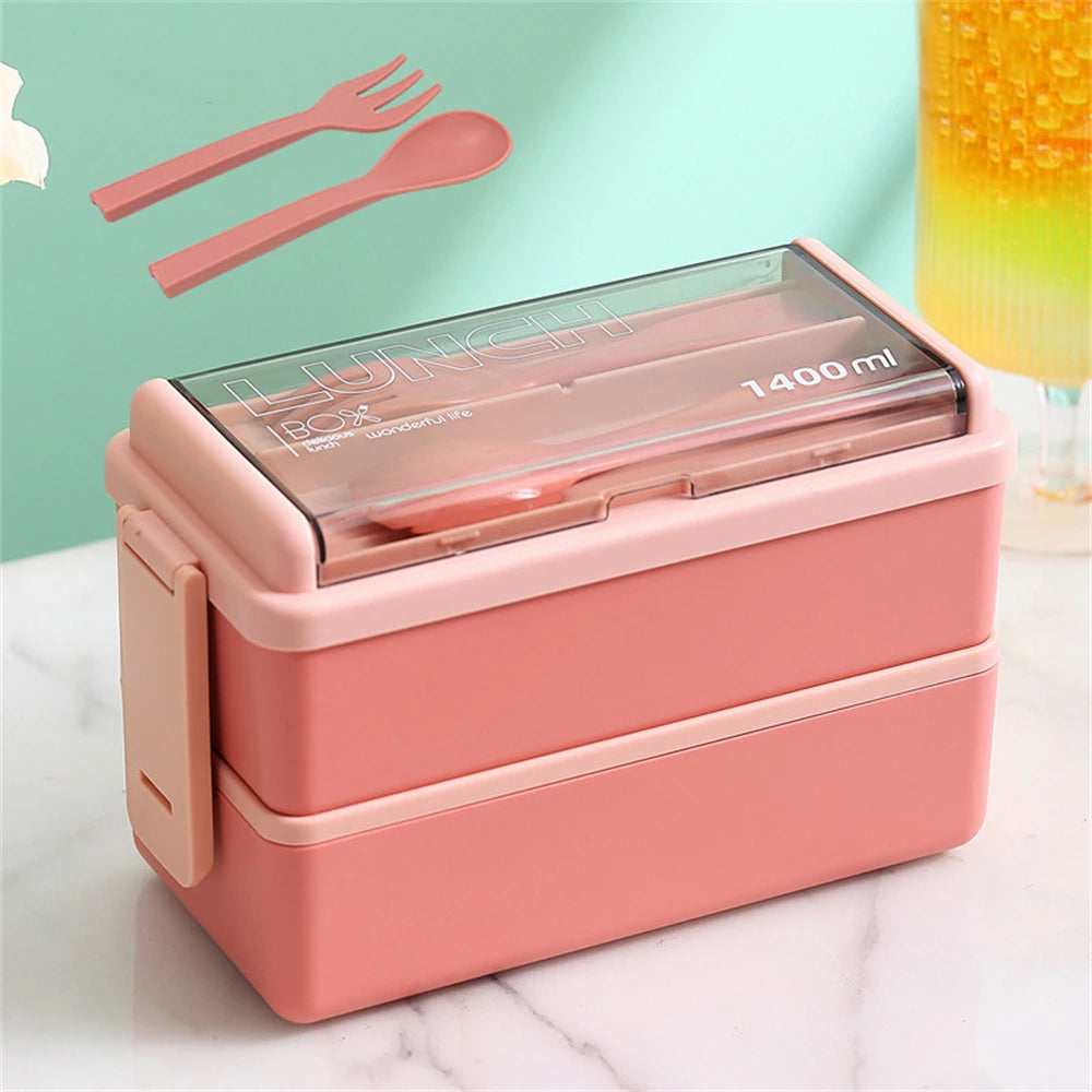 Boîte à déjeuner Portable Double couche pour enfants, avec fourchette et cuillère, boîtes à Bento pour micro-ondes, ensemble de vaisselle, conteneur de stockage des aliments